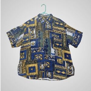 Expressions Button Down Shirt Mens 2XL Blue Gold Geometric Rayon Vintage Style